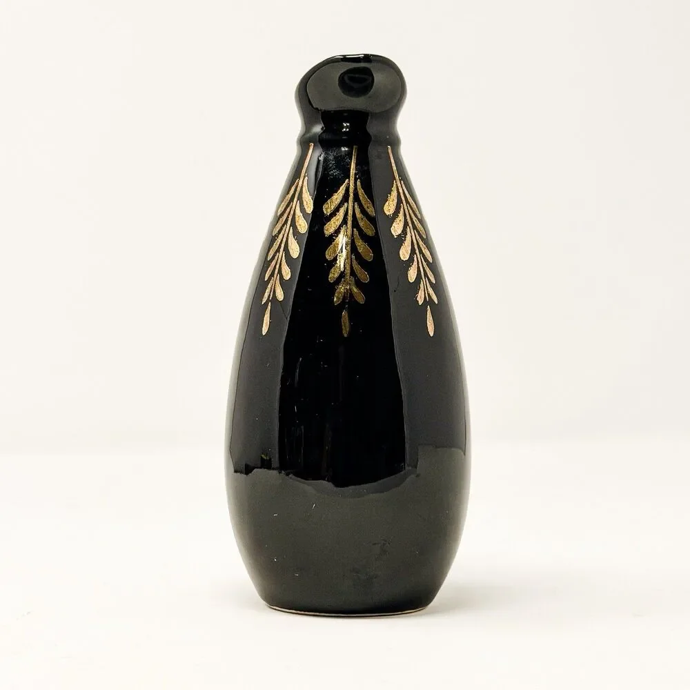 Vintage Black Pottery Pitcher 22K Gold Hand Decorated Cobbs Florida USA 6”
